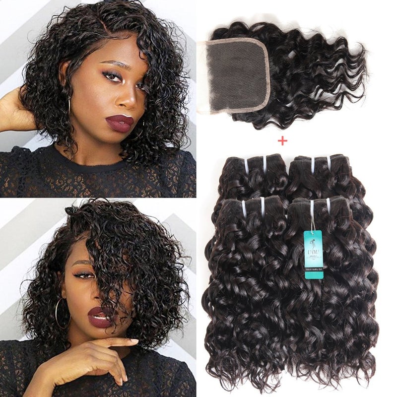 UDU Water Wave Bundles with Lace Closure UDU 12A Wet and Wavy Human Hair Bundles with Closure 100% Unprocessed Human Hair Extensions Short Curly Remy Hair Weft with Free Part Closure 50g/bundle - Image 1